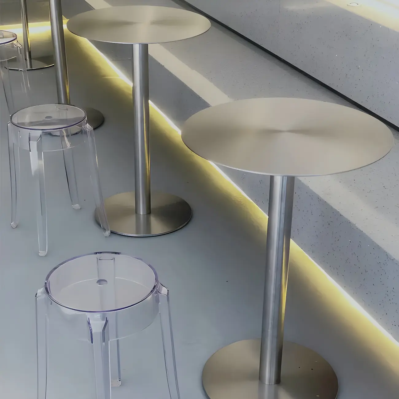 Industrial Silver Metal Pedestal Round Bar Tables Image - 7 | homeyfad