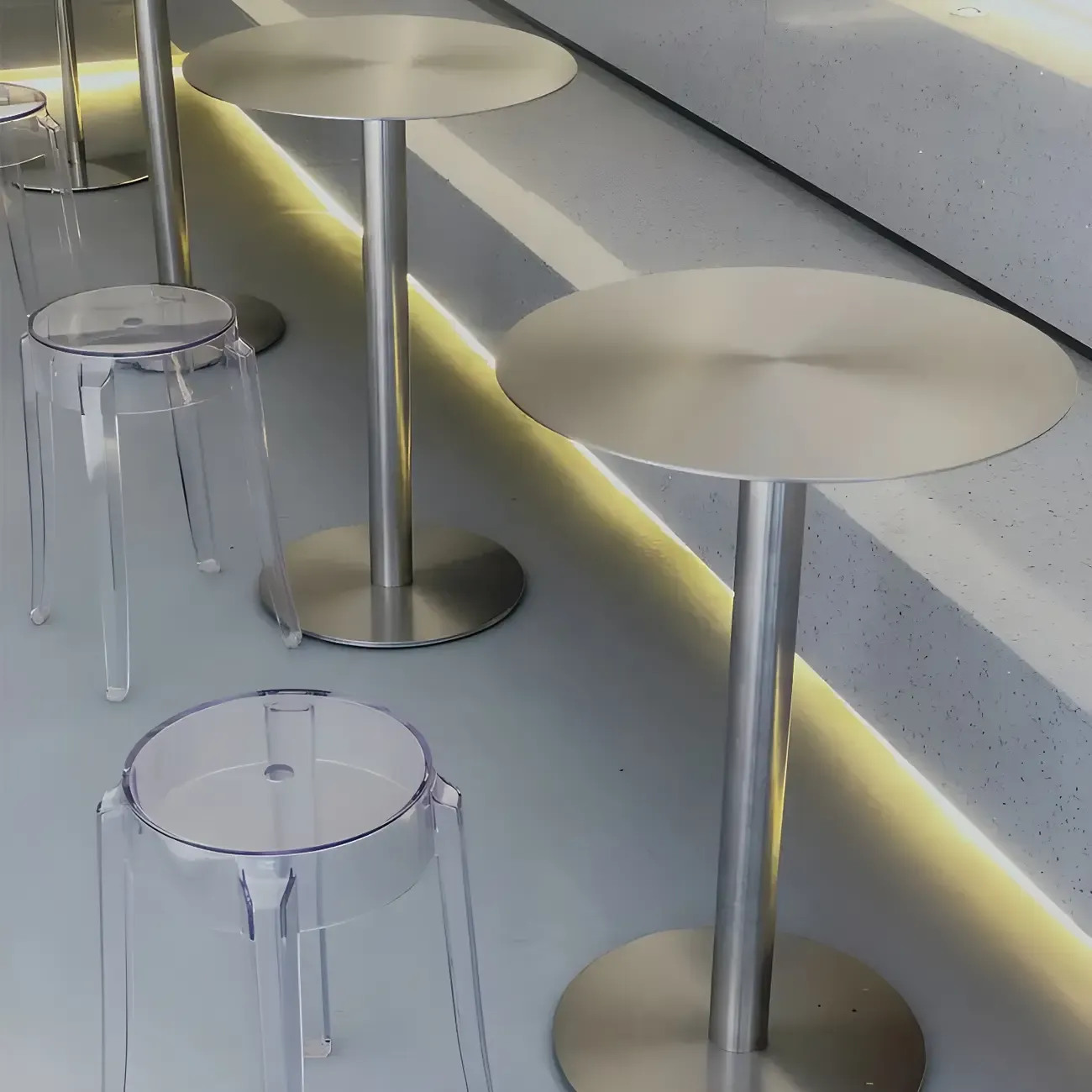 Industrial Silver Metal Pedestal Round Bar Tables Image - 7