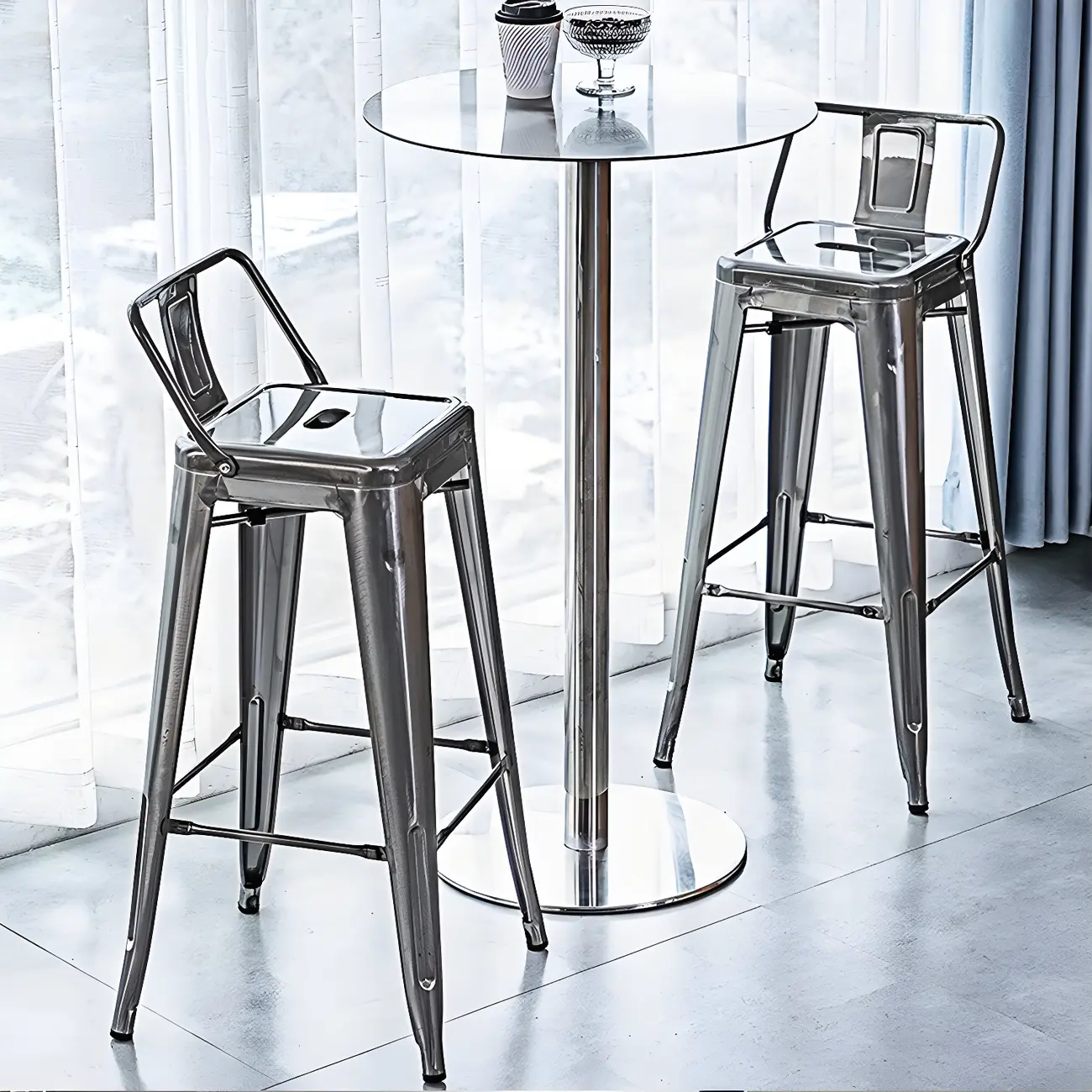 Industrial Silver Metal Pedestal Round Bar Tables Image - 8 | homeyfad