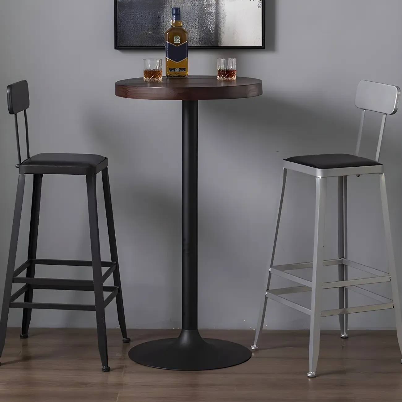 Industrial Brown Wooden Metal Pedestal Bar Tables Image - 2