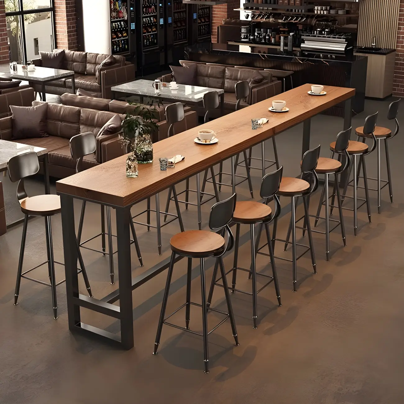 Industrial Brown Pine Wooden Metal Trestle Bar Tables Image - 1 | homeyfad