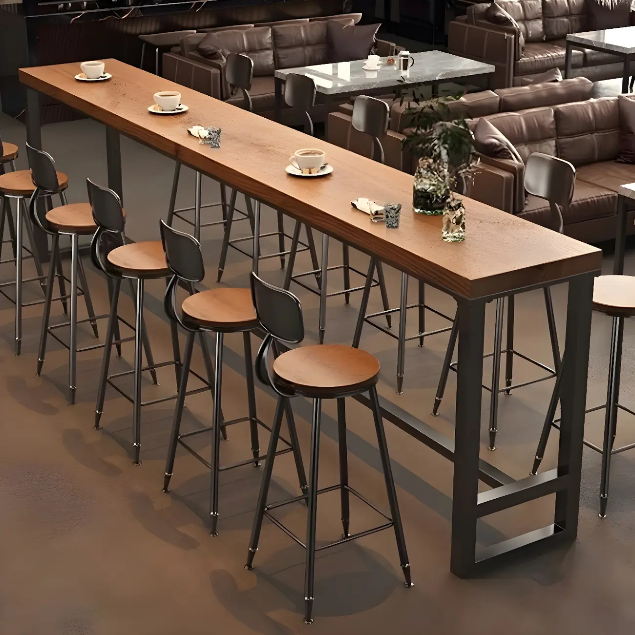 Industrial Brown Pine Wooden Metal Trestle Bar Tables Image - 2 | homeyfad