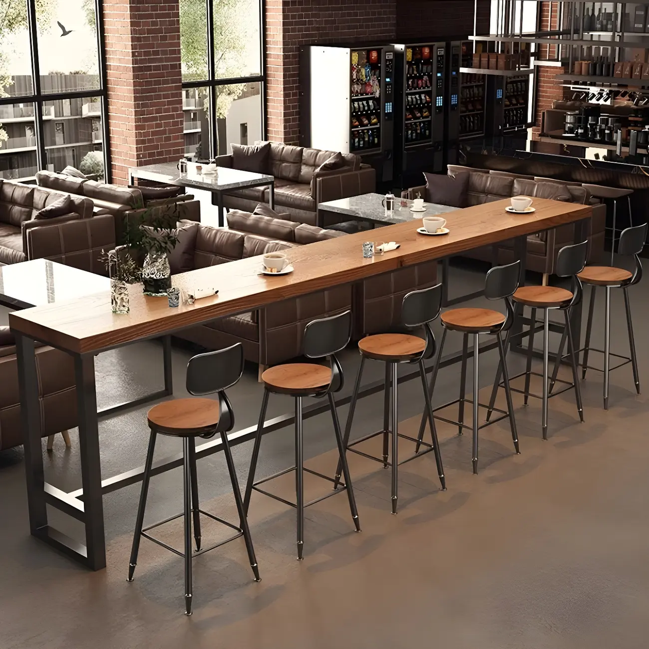 Industrial Brown Pine Wooden Metal Trestle Bar Tables Image - 4 | homeyfad