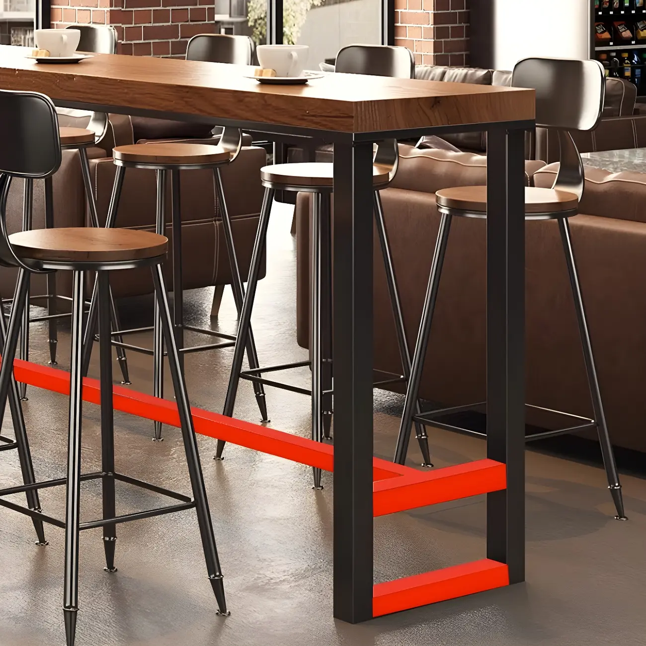 Industrial Brown Pine Wooden Metal Trestle Bar Tables Image - 10 | homeyfad
