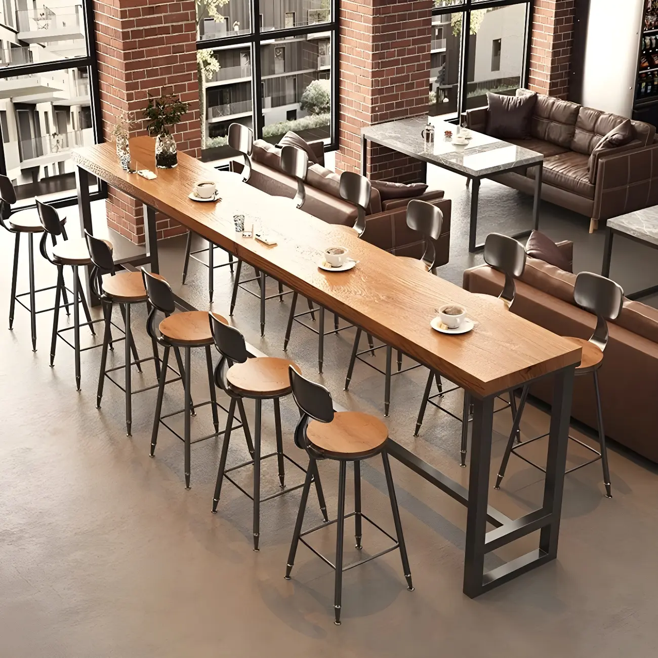 Industrial Brown Pine Wooden Metal Trestle Bar Tables Image - 12 | homeyfad