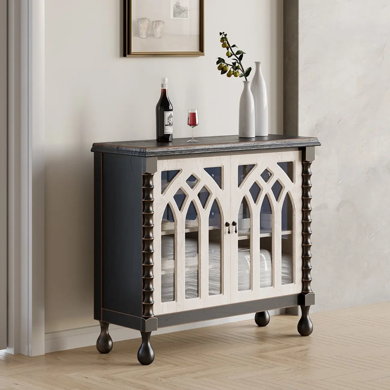 Traditional Black MDF Wine Rack Cabinet with Doors Image - 6 | homeyfad