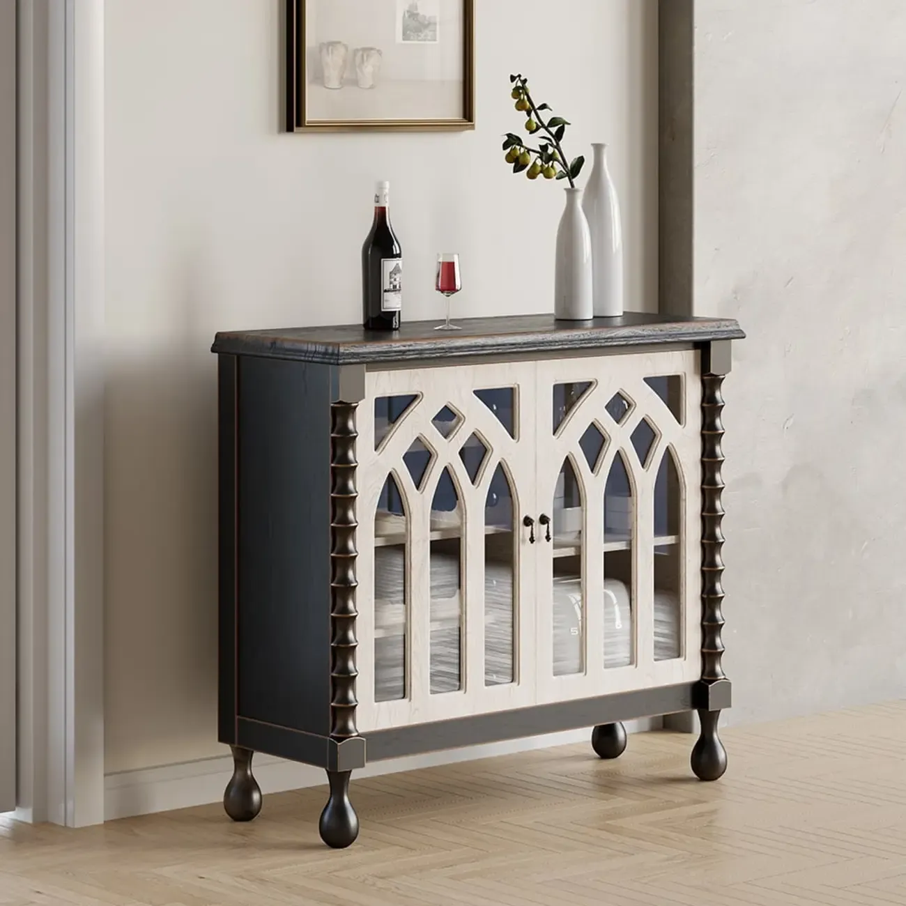 Traditional Black MDF Wine Rack Cabinet with Doors Image - 6