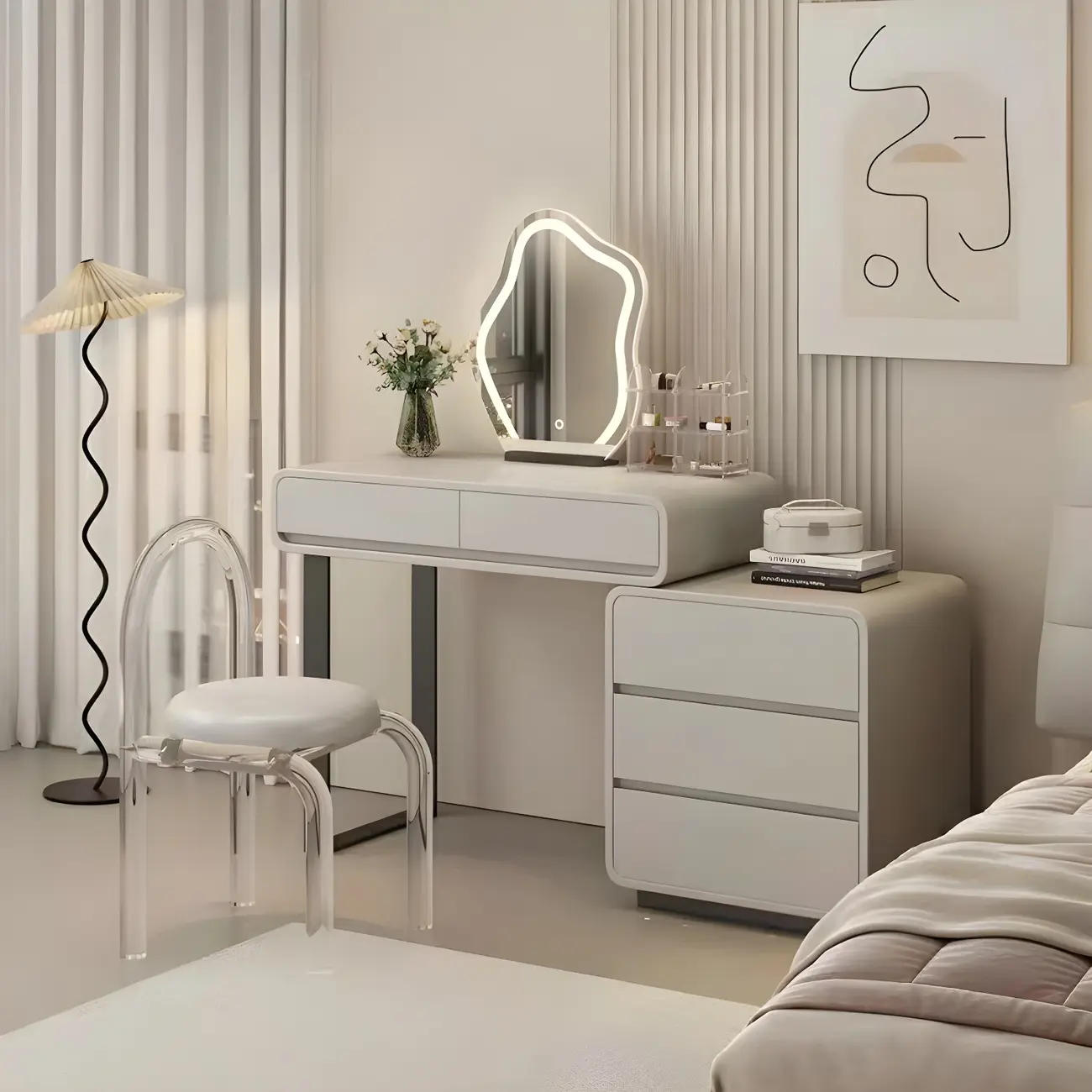 Trendy 3-Drawer Grey Wood Makeup Vanity Image - 1 | homeyfad