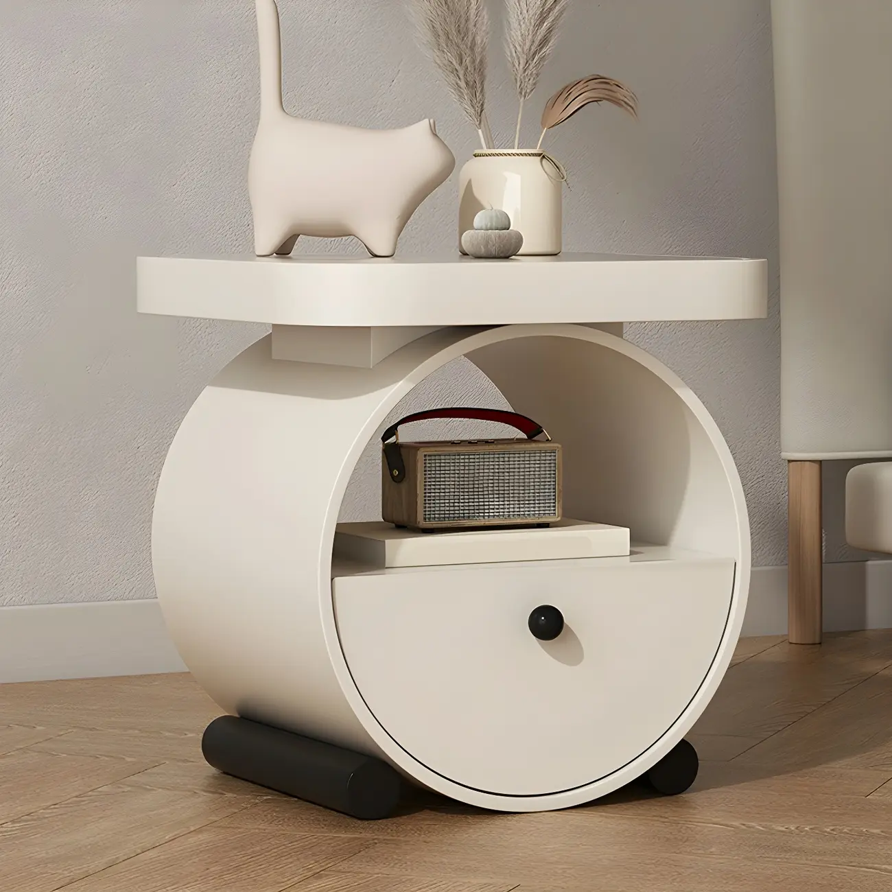 Khaki Beige Round Wooden Nightstand with Shelf & Drawer Image - 3 | homeyfad