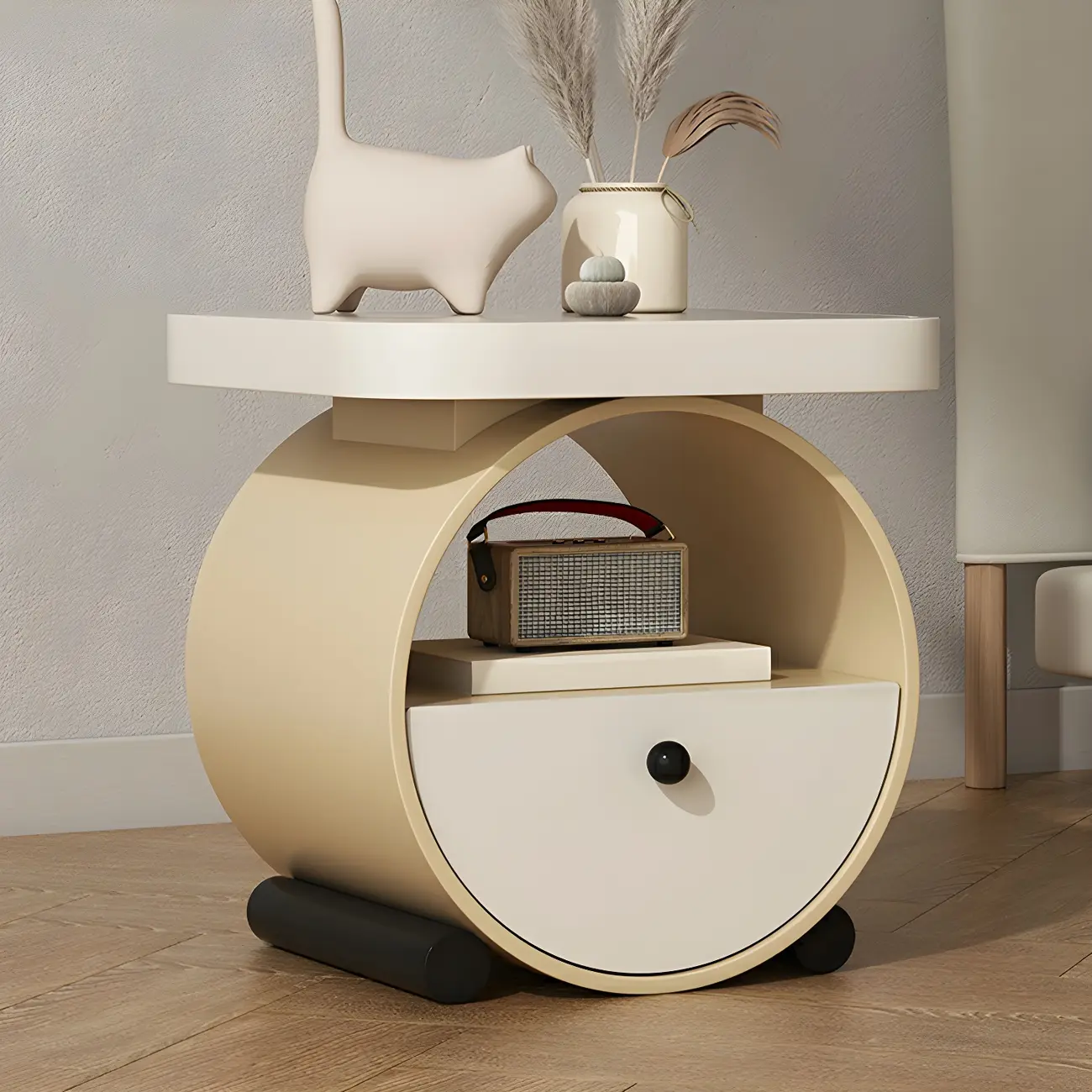 Khaki Beige Round Wooden Nightstand with Shelf & Drawer Image - 1 | homeyfad