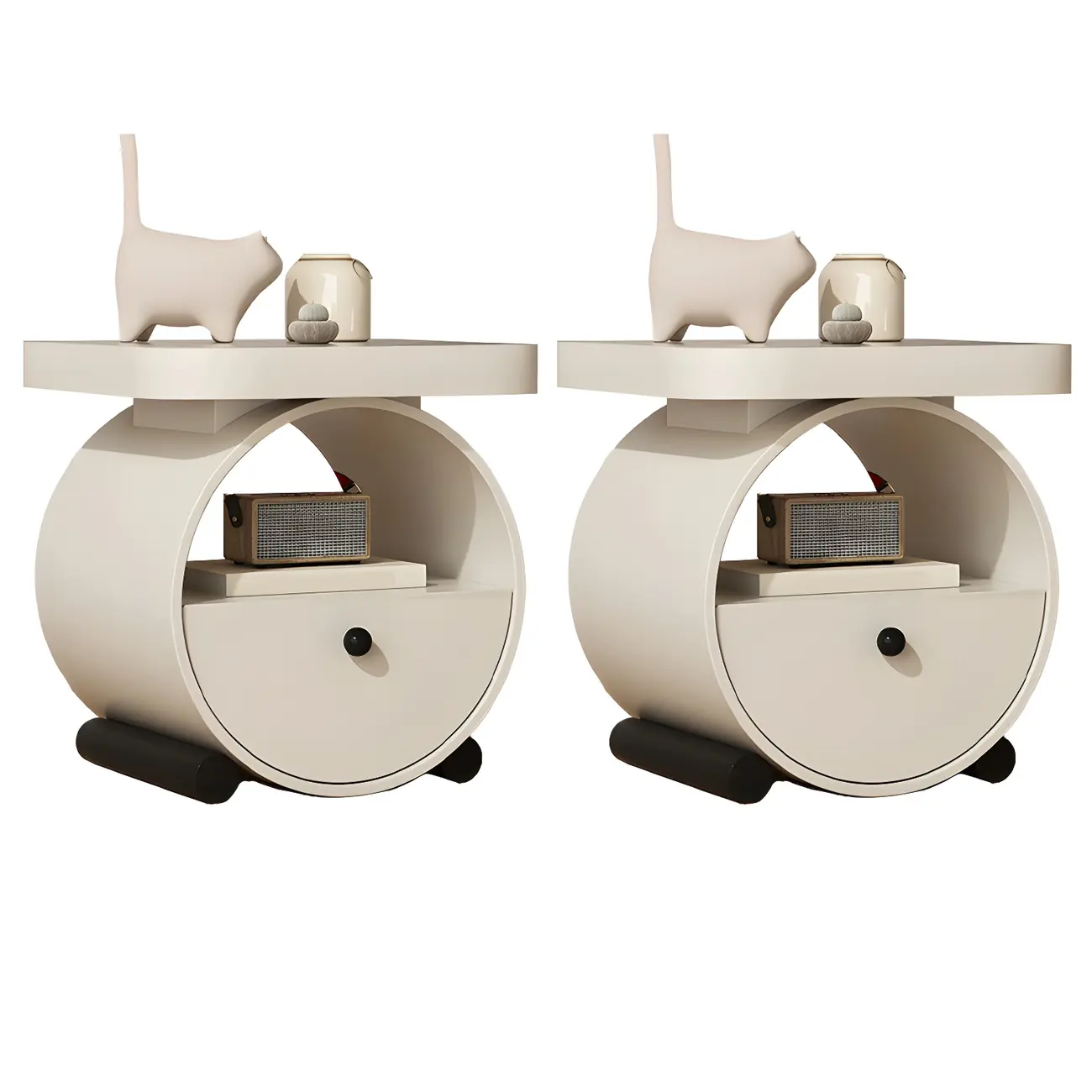 Khaki Beige Round Wooden Nightstand with Shelf & Drawer Image - 6 | homeyfad