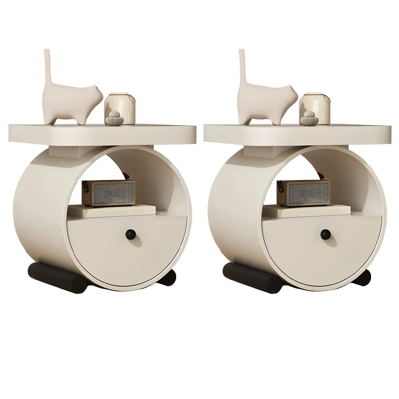 Khaki Beige Round Wooden Nightstand with Shelf & Drawer Image - 6