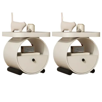 Khaki Beige Round Wooden Nightstand with Shelf & Drawer Image - 6