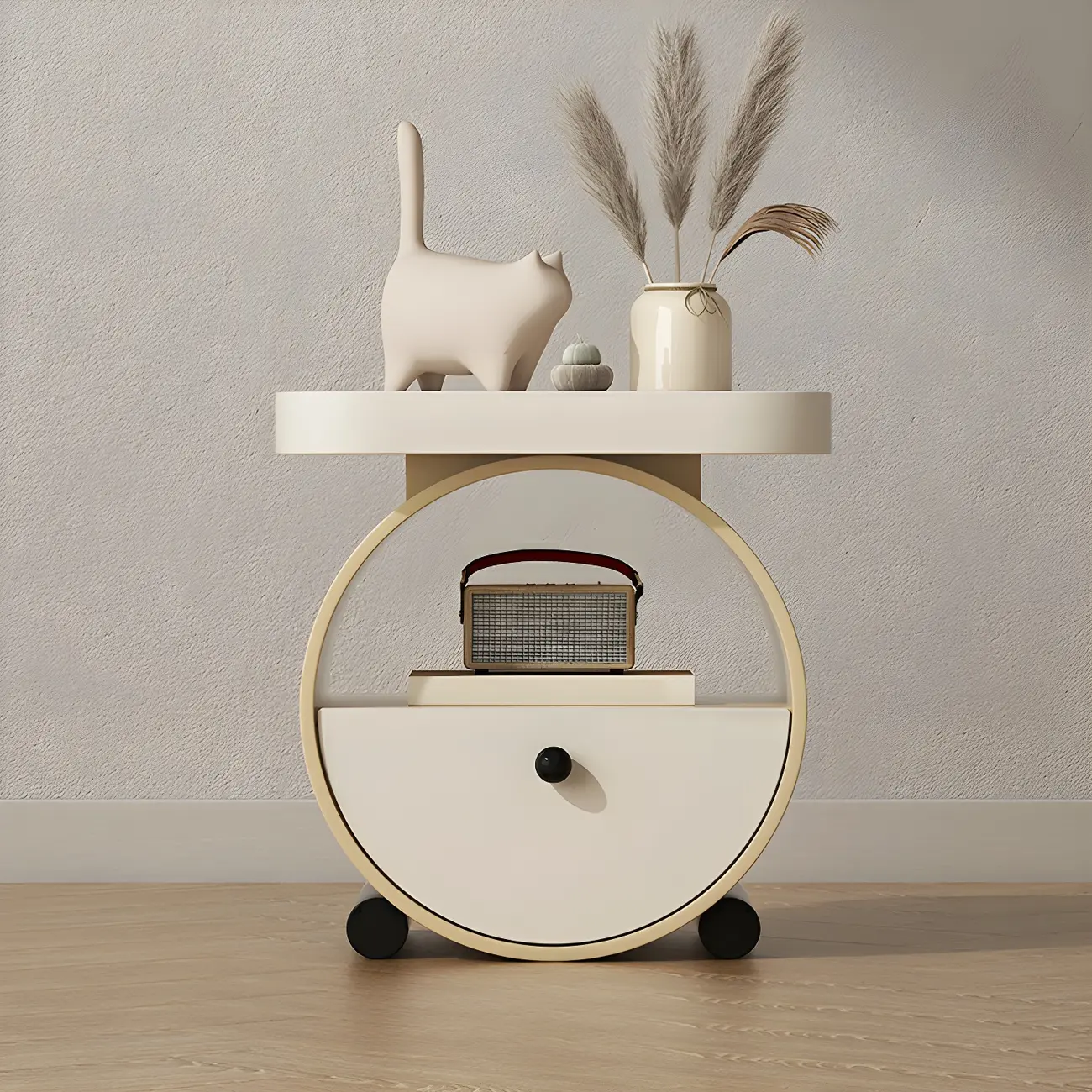 Khaki Beige Round Wooden Nightstand with Shelf & Drawer Image - 4 | homeyfad