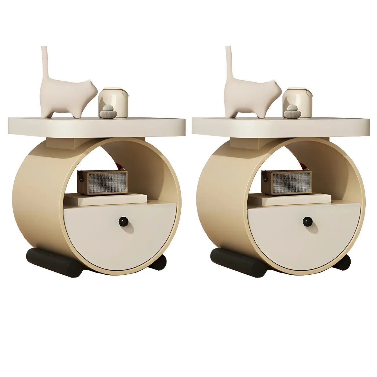 Khaki Beige Round Wooden Nightstand with Shelf & Drawer Image - 7