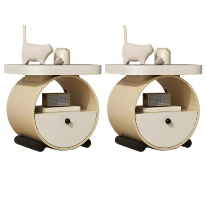 Khaki Beige Round Wooden Nightstand with Shelf & Drawer Image - 7