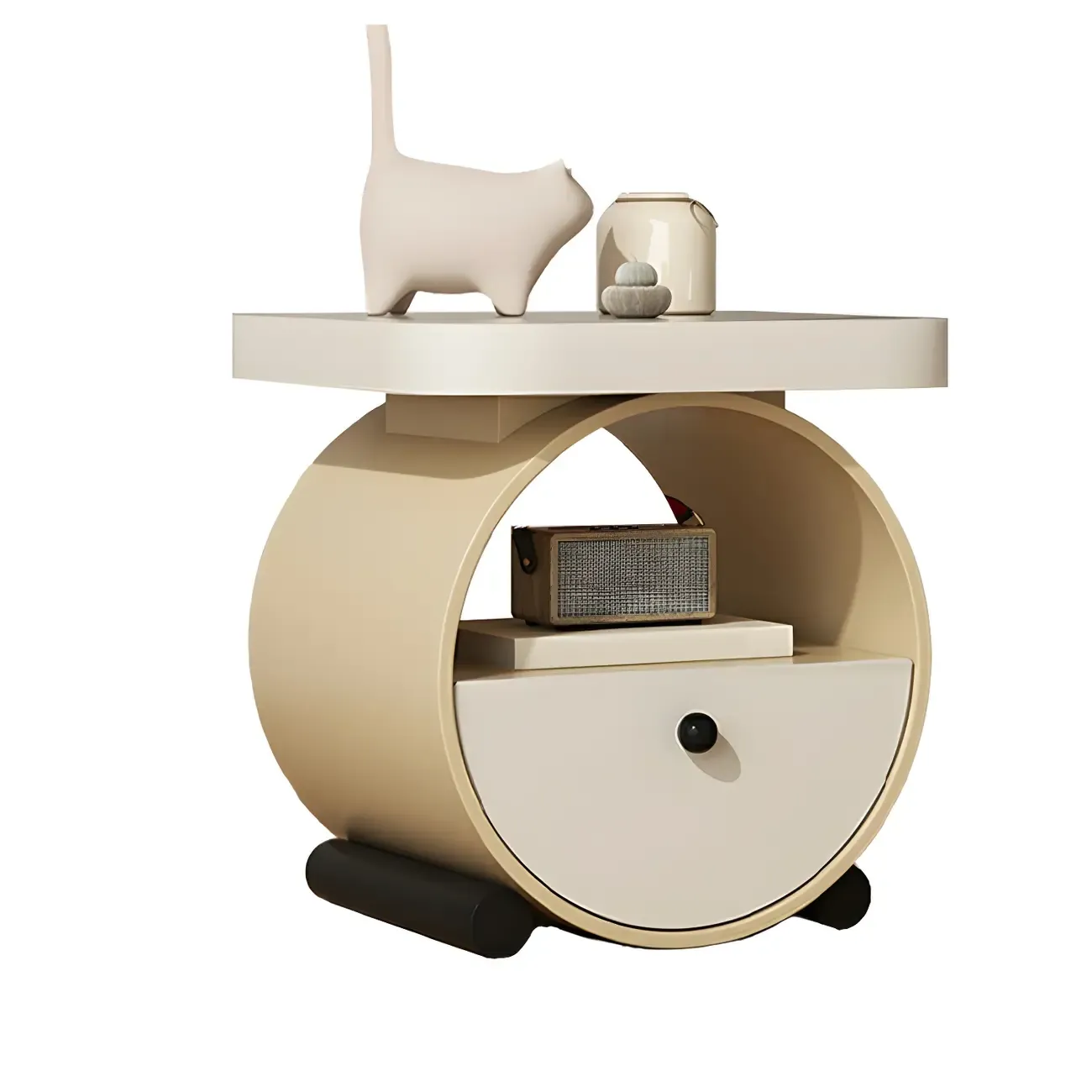 Khaki Beige Round Wooden Nightstand with Shelf & Drawer Image - 8