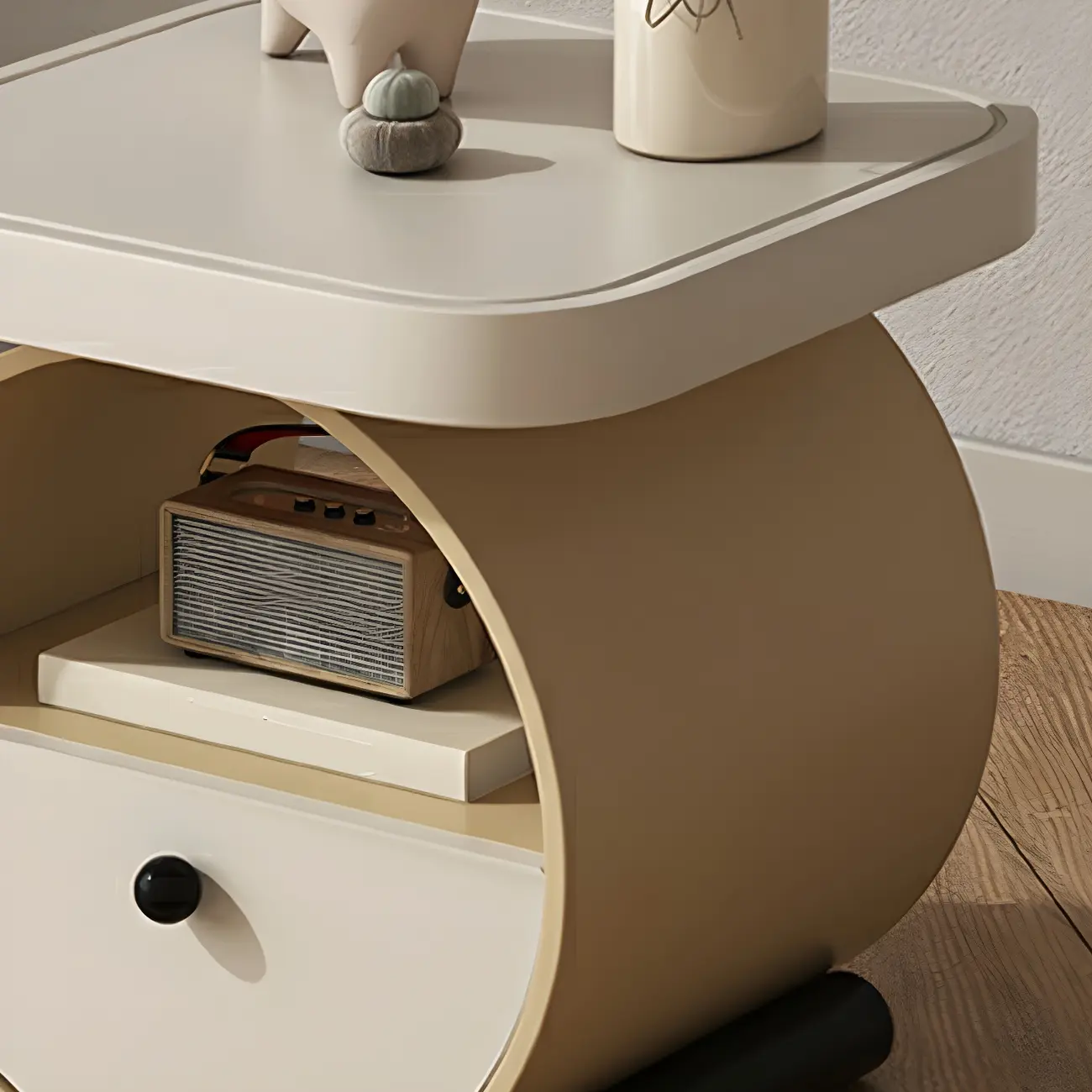 Khaki Beige Round Wooden Nightstand with Shelf & Drawer Image - 5 | homeyfad