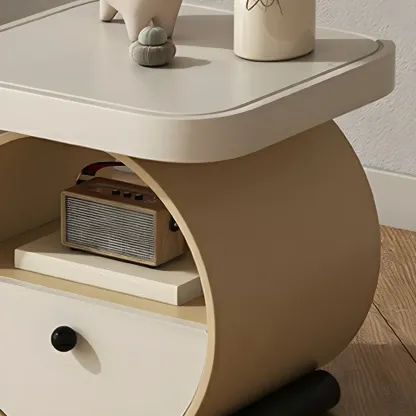 Khaki Beige Round Wooden Nightstand with Shelf & Drawer Image - 5