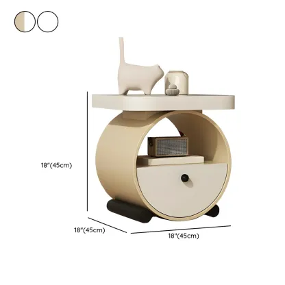 Khaki Beige Round Wooden Nightstand with Shelf & Drawer #size