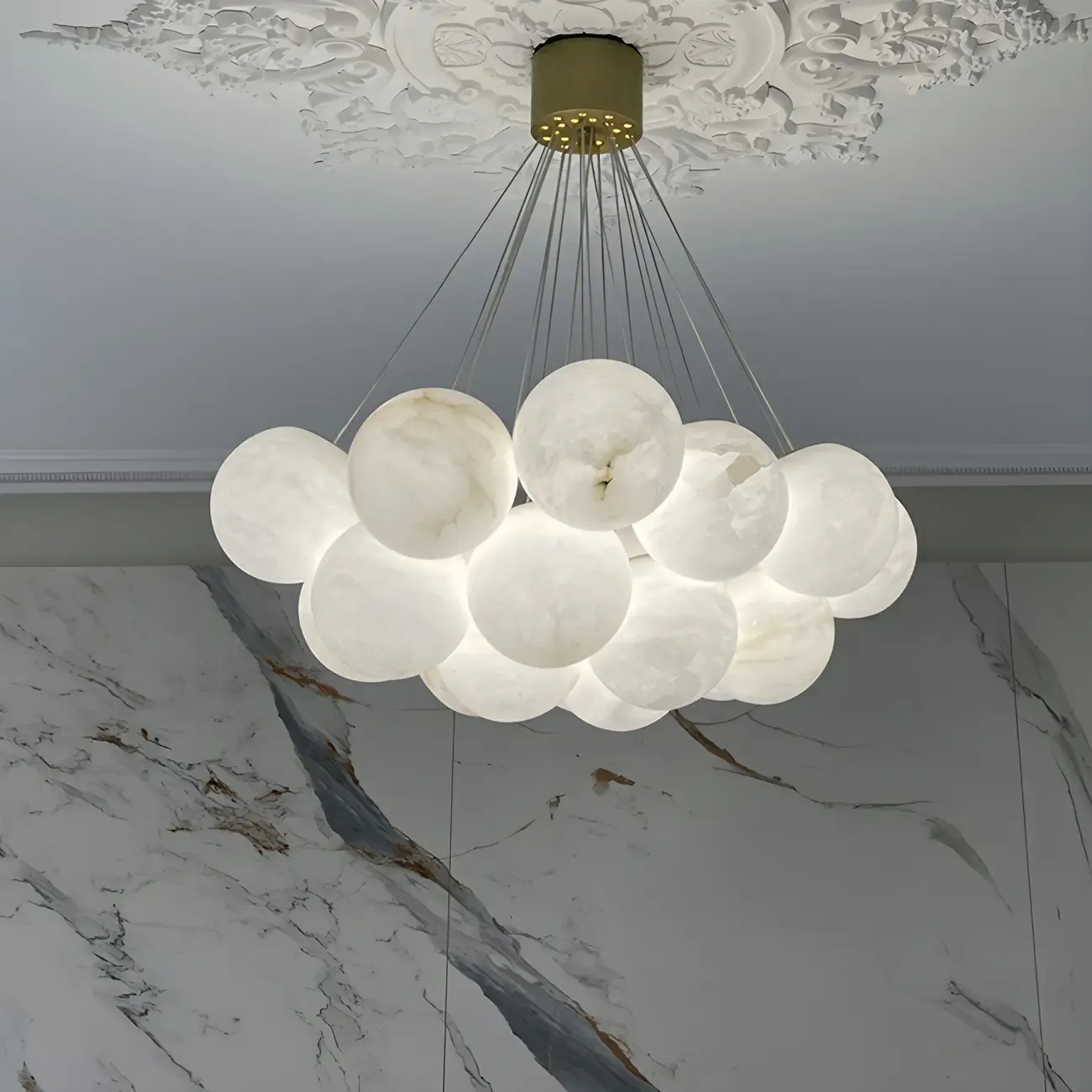 White Globe Alabaster Cluster Modern Crystal Chandelier Image - 1