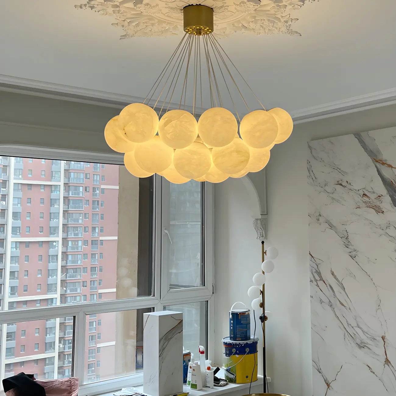 White Globe Alabaster Cluster Modern Crystal Chandelier Image - 5 | homeyfad