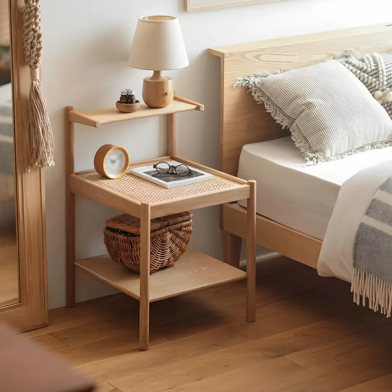 Natural 2-Tier Wood Rattan Shelf Open Storage Nightstand Image - 1