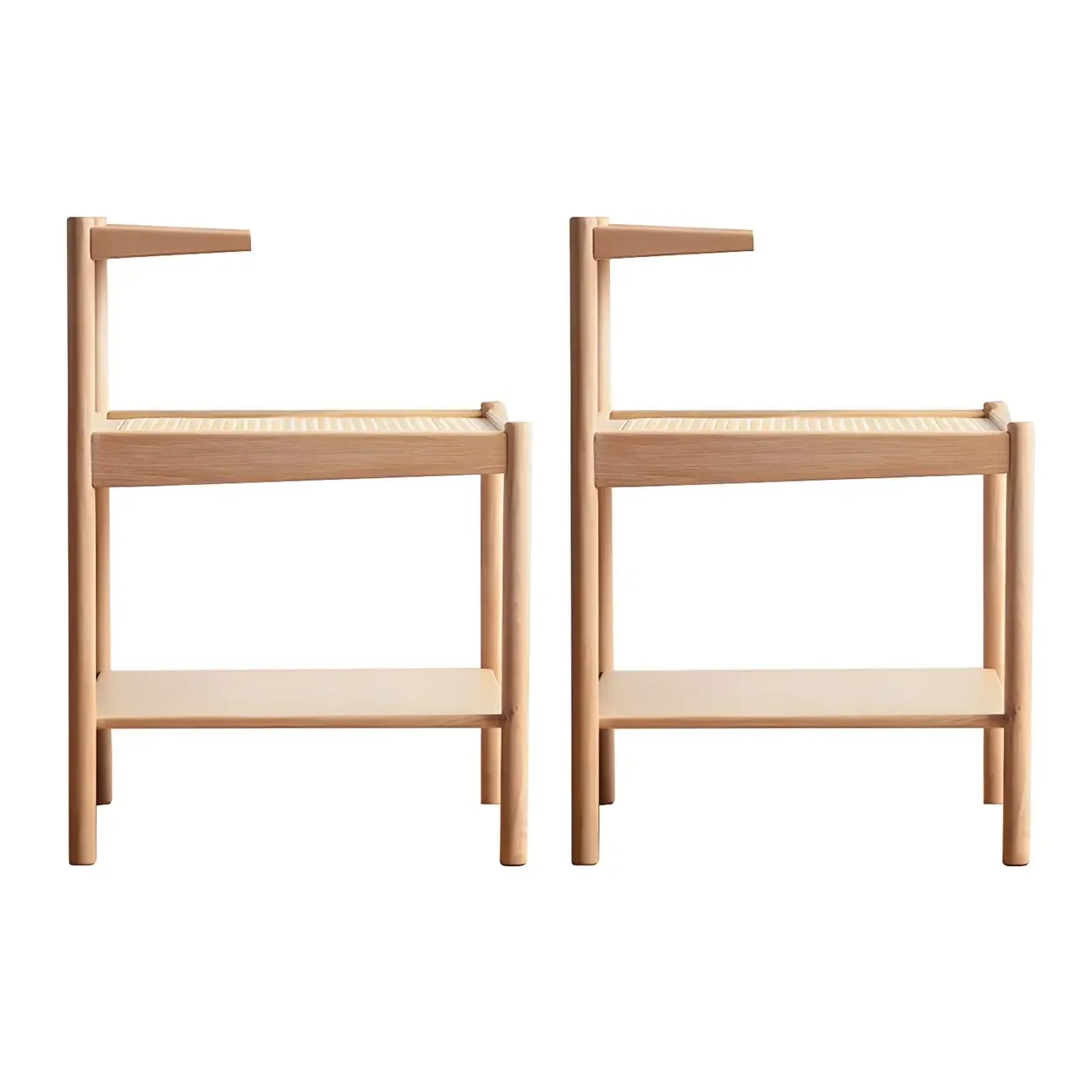 Natural 2-Tier Wood Rattan Shelf Open Storage Nightstand Image - 4