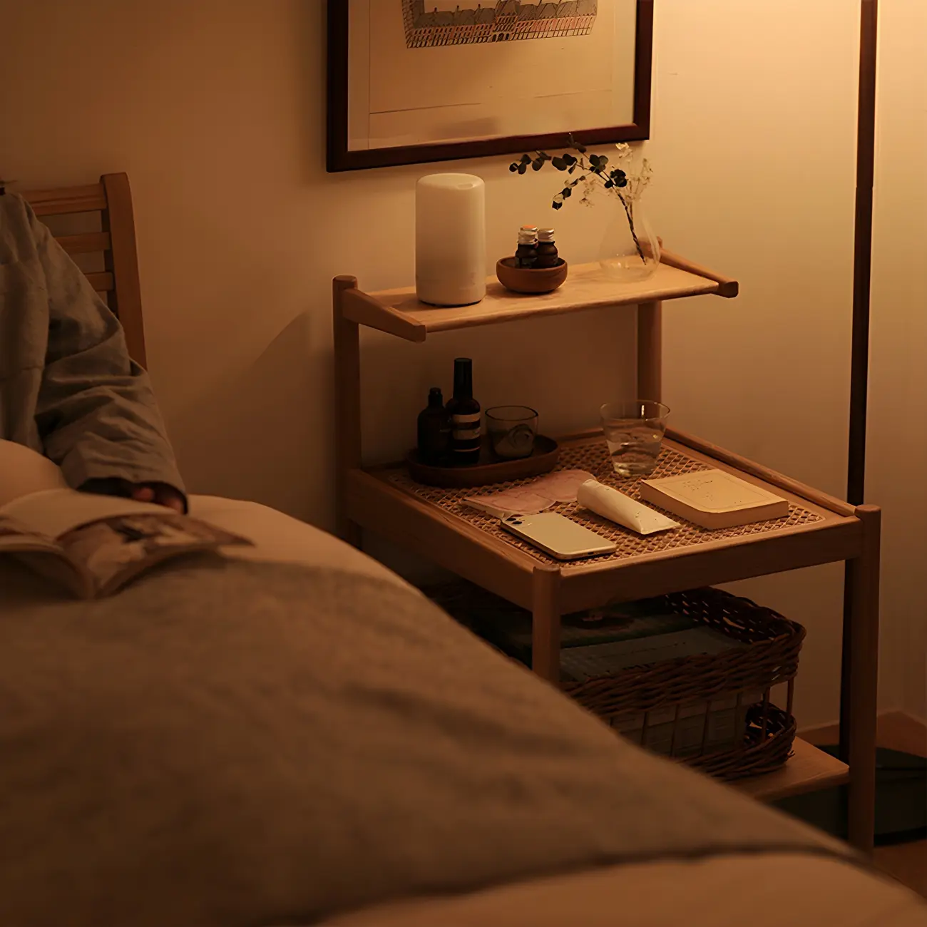 Natural 2-Tier Wood Rattan Shelf Open Storage Nightstand Image - 2 | homeyfad