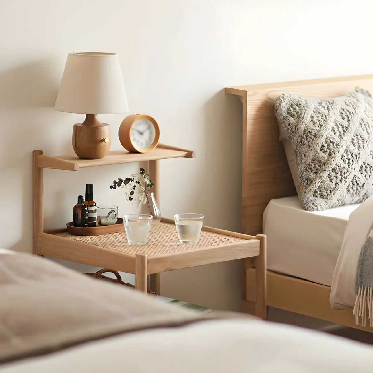 Natural 2-Tier Wood Rattan Shelf Open Storage Nightstand Image - 3 | homeyfad