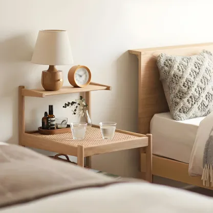 Natural 2-Tier Wood Rattan Shelf Open Storage Nightstand Image - 3