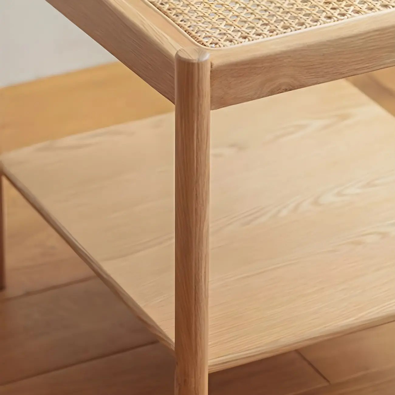 Natural 2-Tier Wood Rattan Shelf Open Storage Nightstand Image - 8 | homeyfad