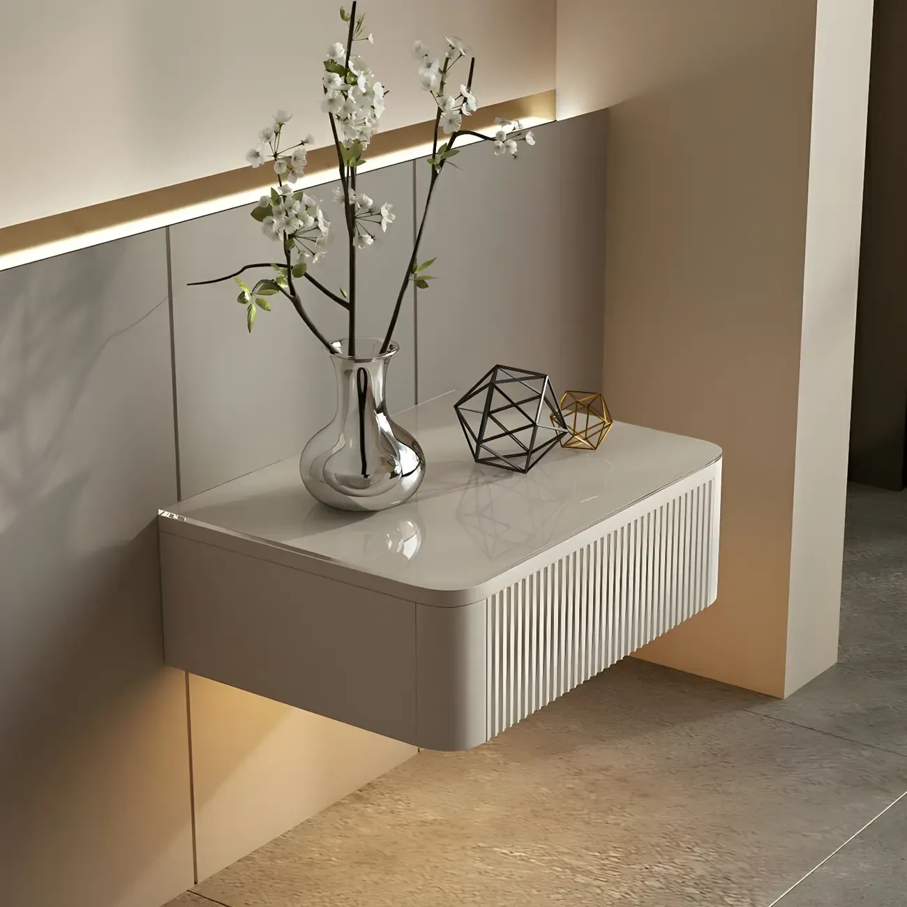 Modern Grey Wood Floating Nightstand with Glass Top Image - 2