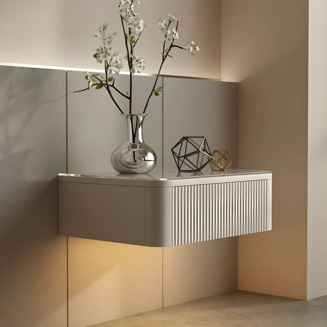 Modern Grey Wood Floating Nightstand with Glass Top Image - 4