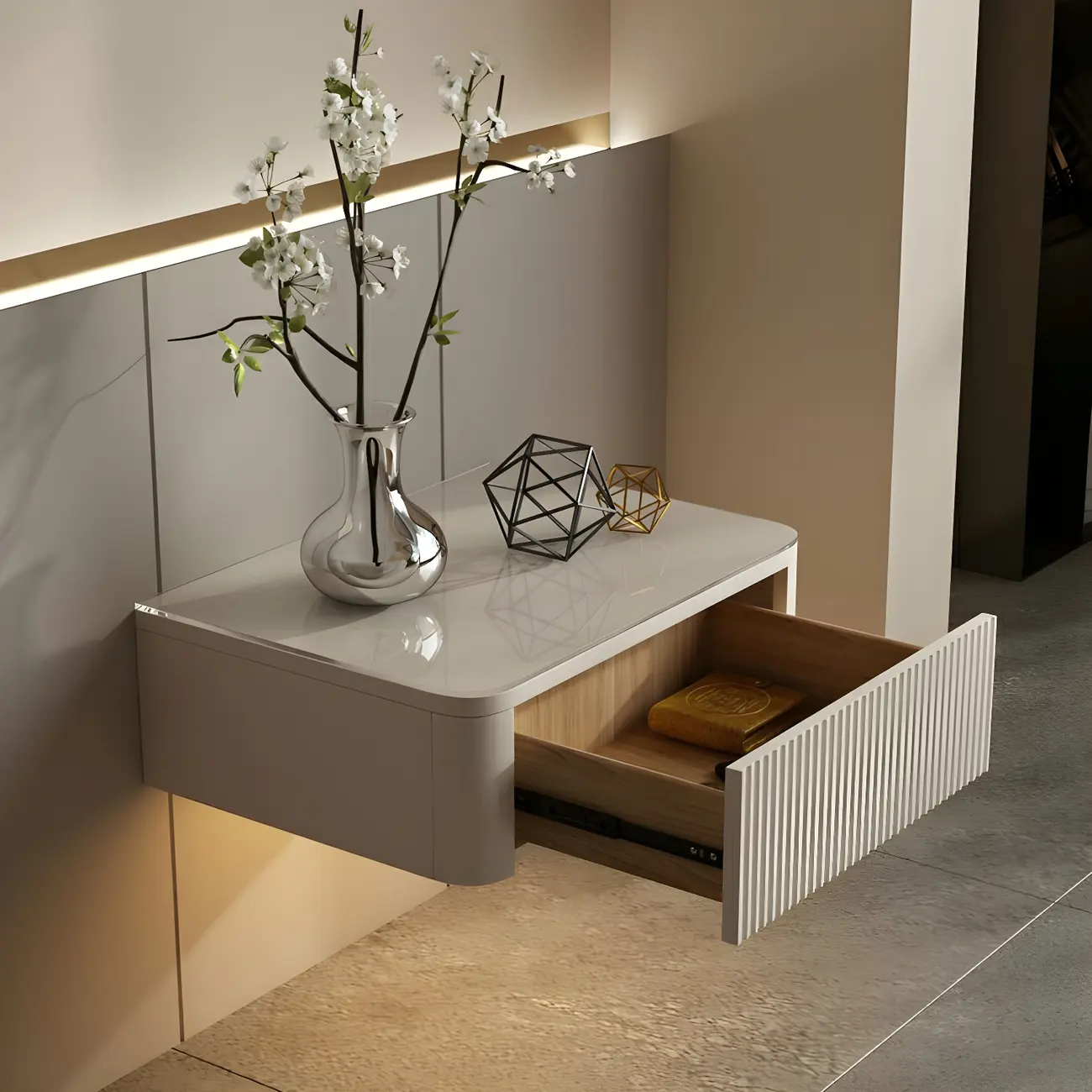 Modern Grey Wood Floating Nightstand with Glass Top Image - 5 | homeyfad