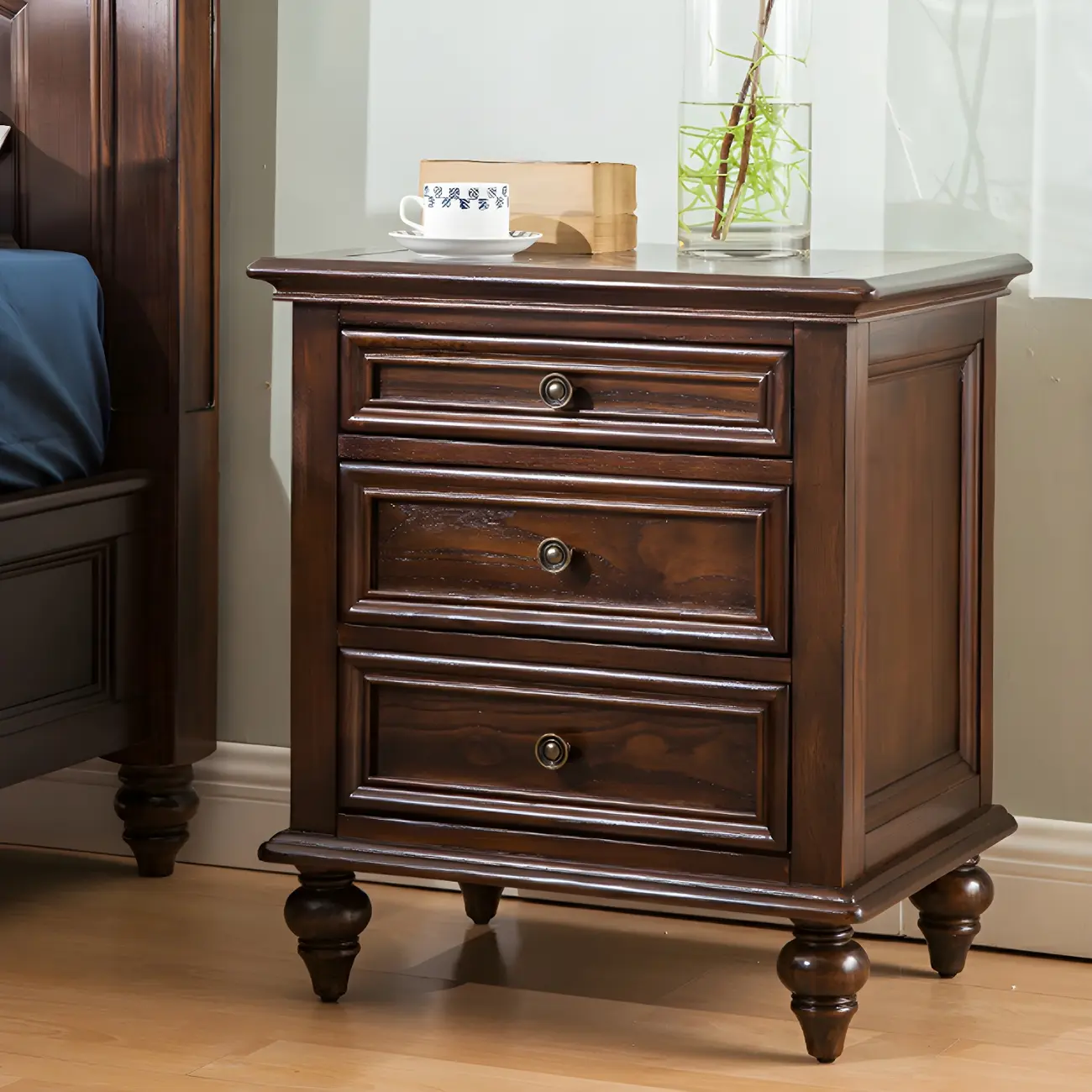 Compact Dark Walnut 3-Drawer Wood Nightstand Image - 1 | homeyfad