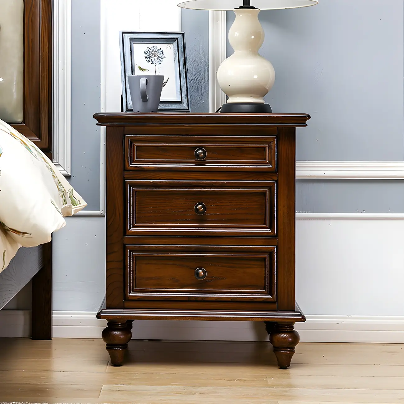 Compact Dark Walnut 3-Drawer Wood Nightstand Image - 2 | homeyfad