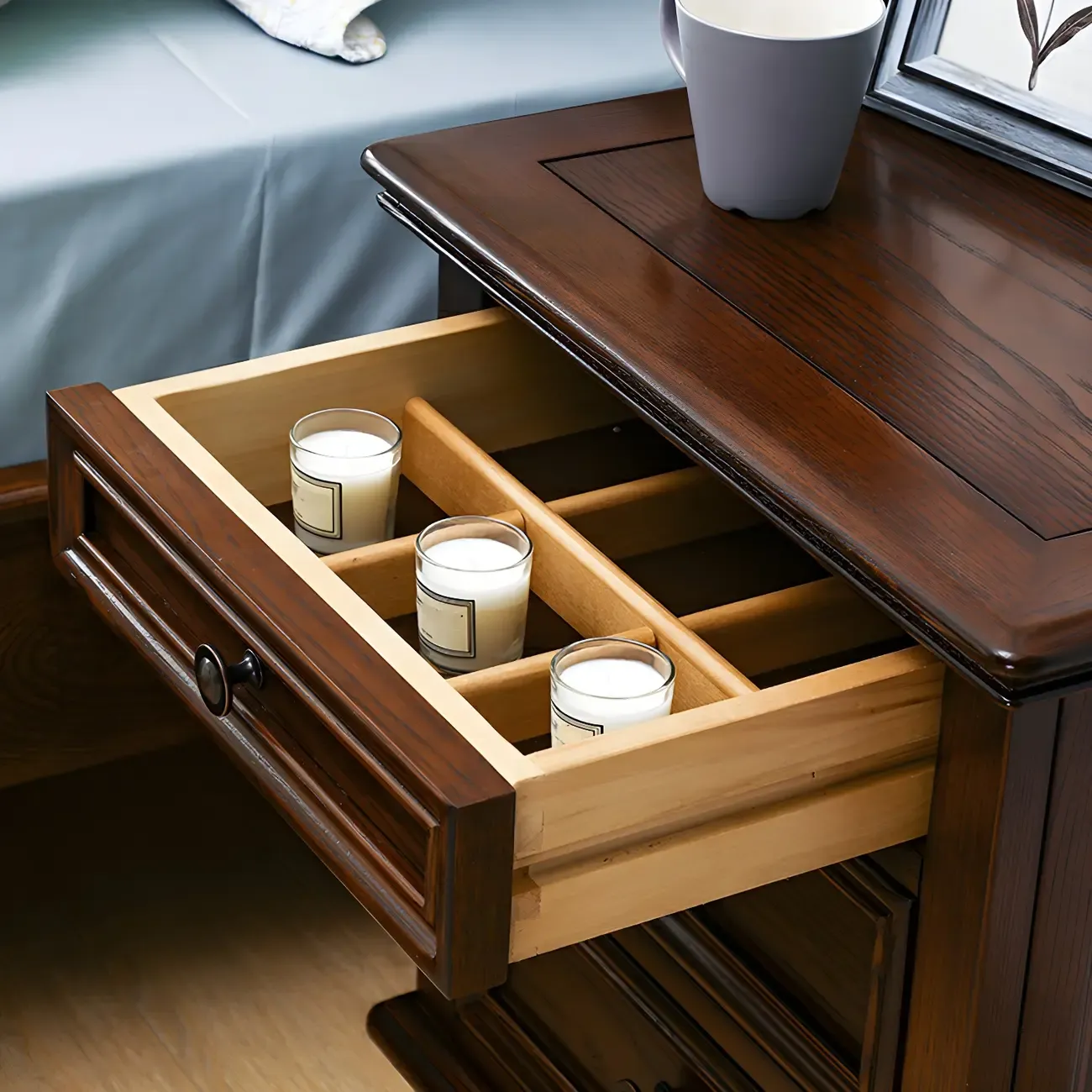 Compact Dark Walnut 3-Drawer Wood Nightstand Image - 5