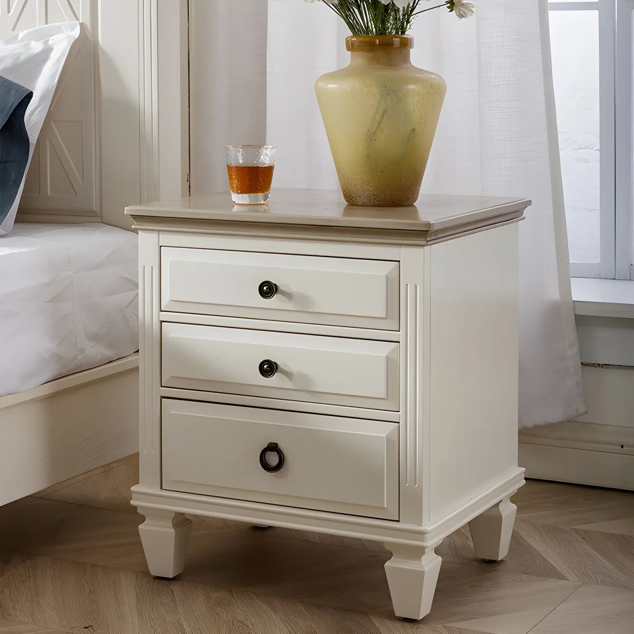 Beige Oak Wood 3-Drawer Standard Nightstand Image - 1 | homeyfad
