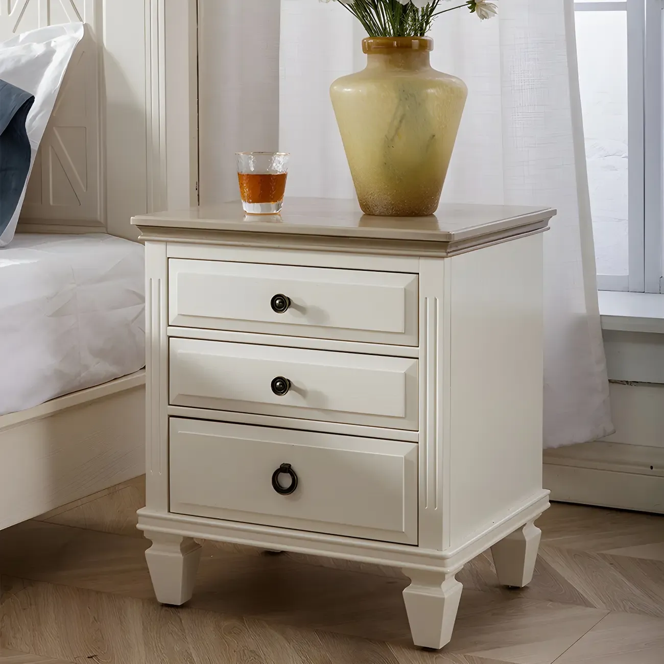 Beige Oak Wood 3-Drawer Standard Nightstand Image - 1