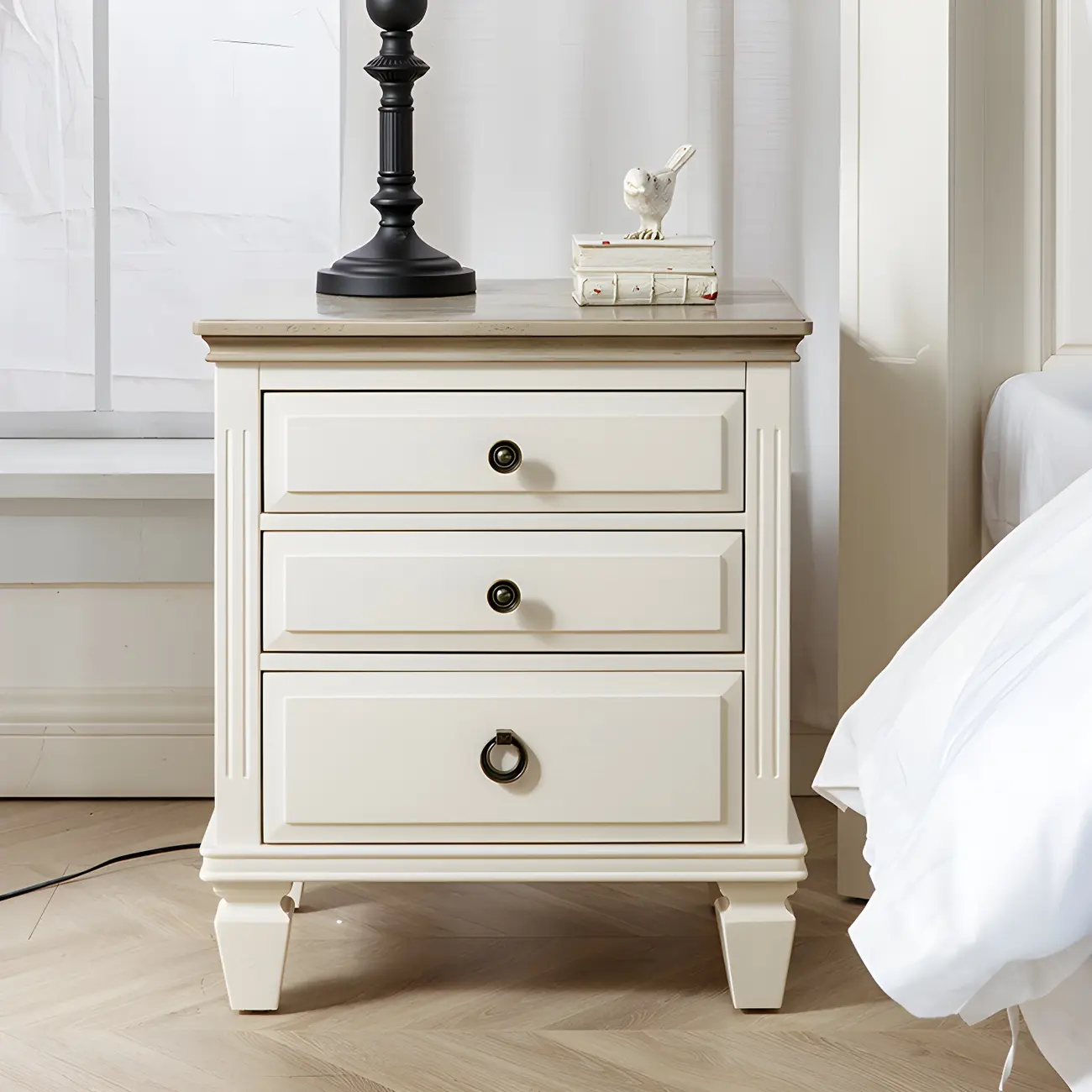 Beige Oak Wood 3-Drawer Standard Nightstand Image - 3 | homeyfad