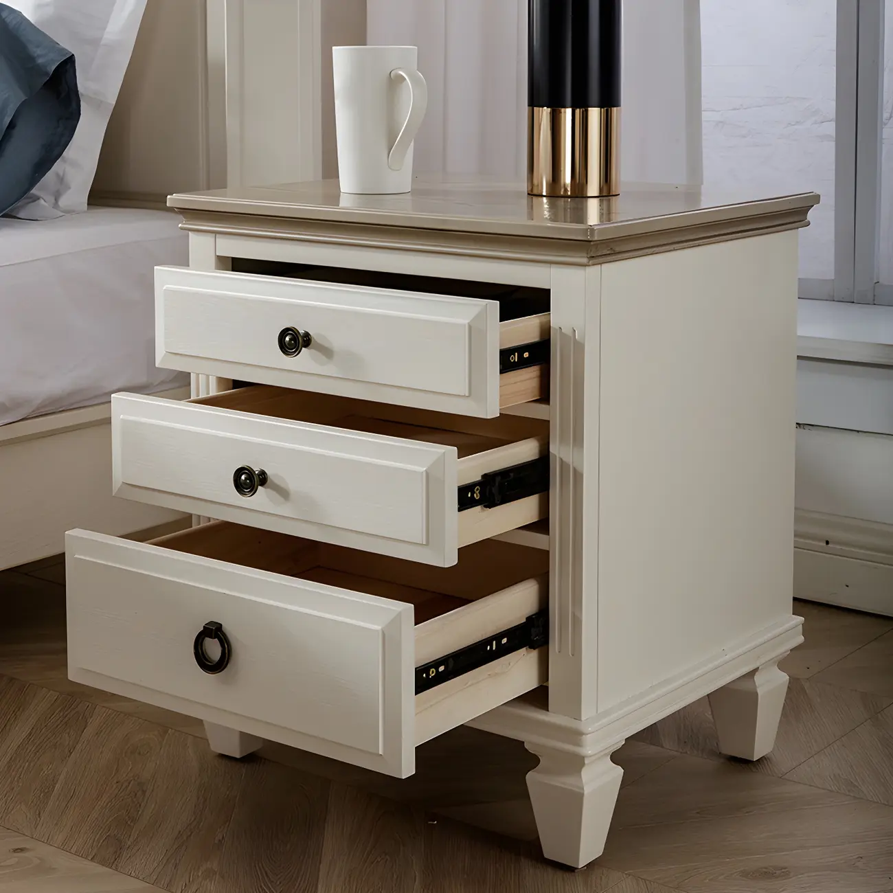 Beige Oak Wood 3-Drawer Standard Nightstand Image - 4 | homeyfad