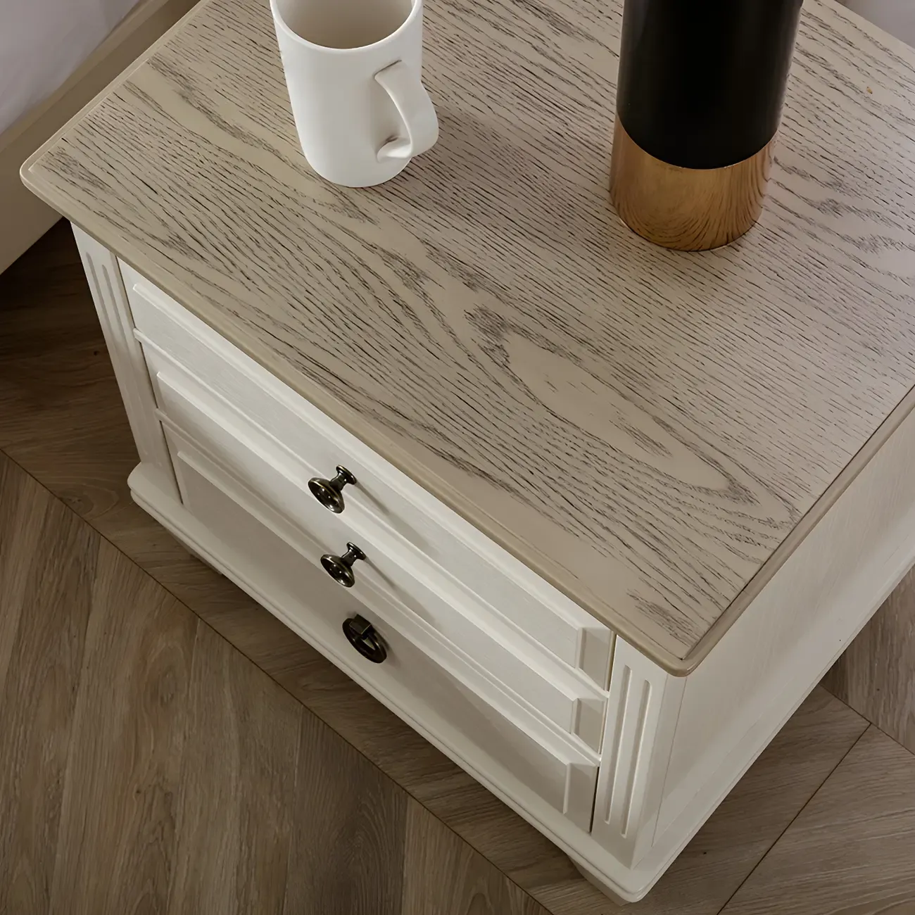 Beige Oak Wood 3-Drawer Standard Nightstand Image - 5