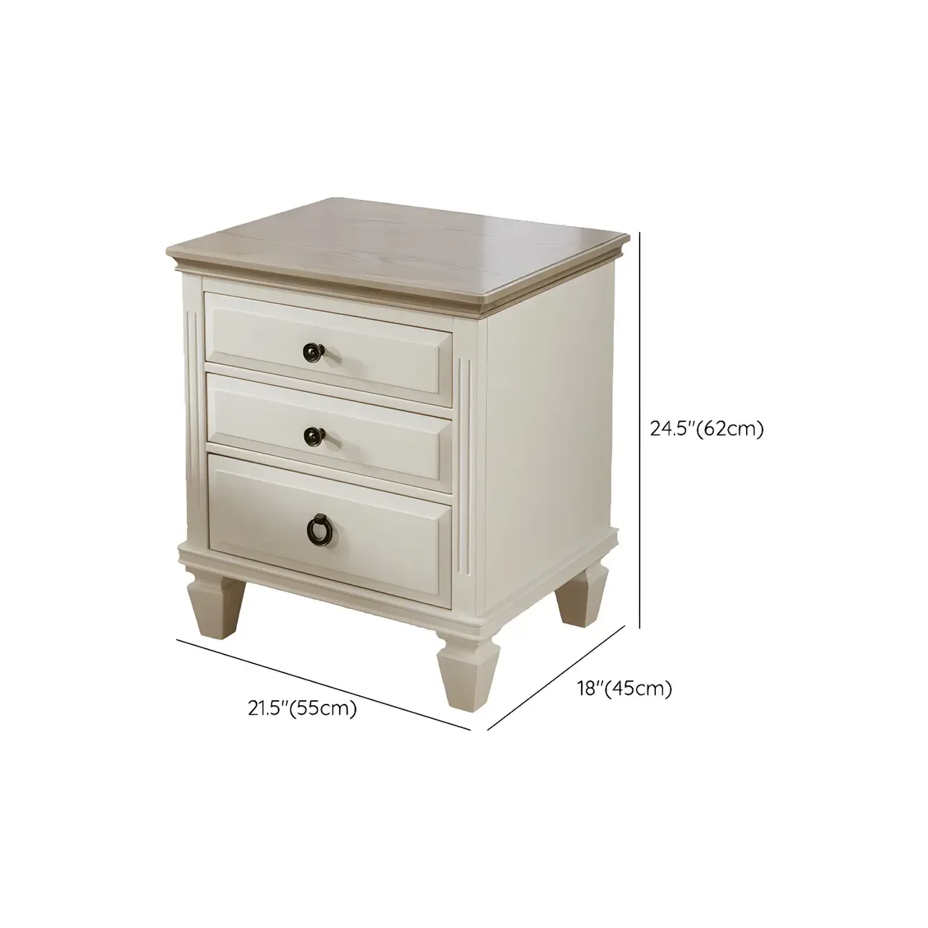 Beige Oak Wood 3-Drawer Standard Nightstand #size