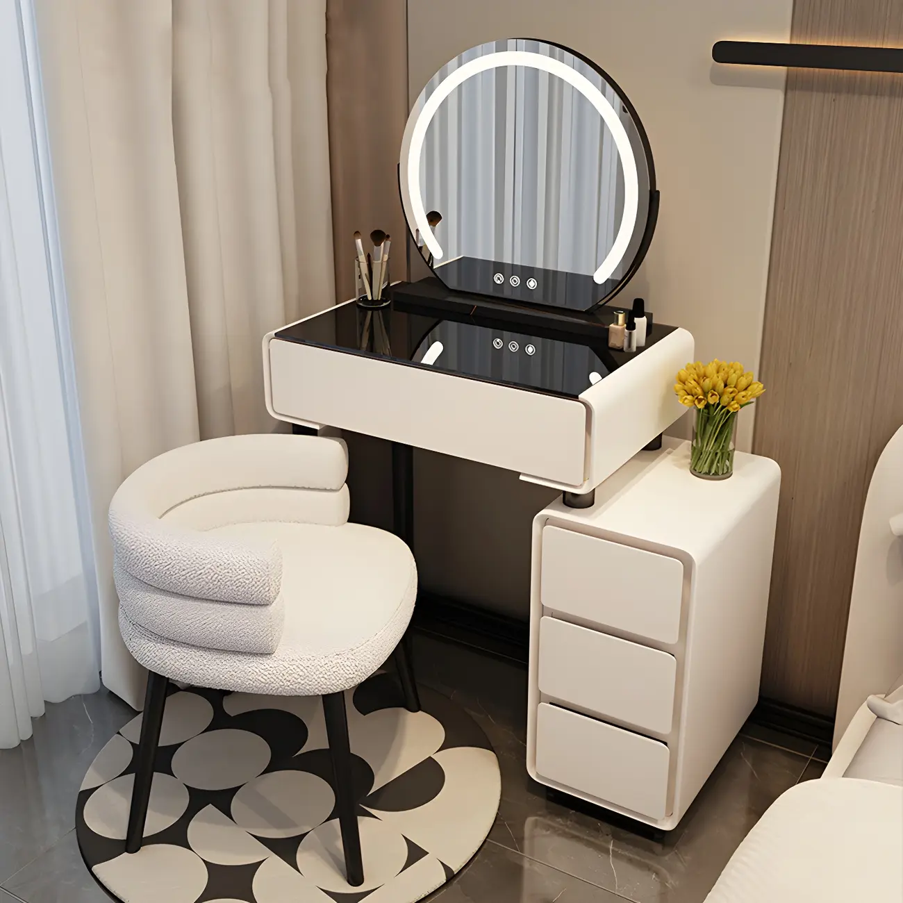 Simple Wood Khaki Makeup Vanity with Storage Image - 6 | homeyfad