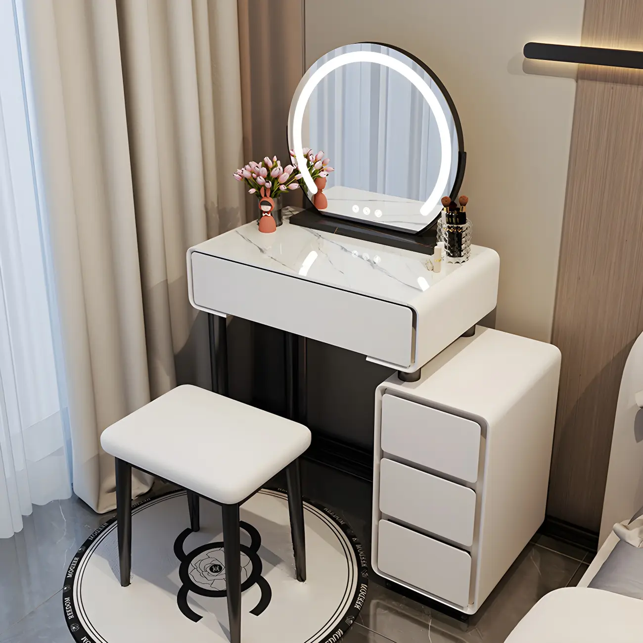 Simple Wood Khaki Makeup Vanity with Storage Image - 11 | homeyfad