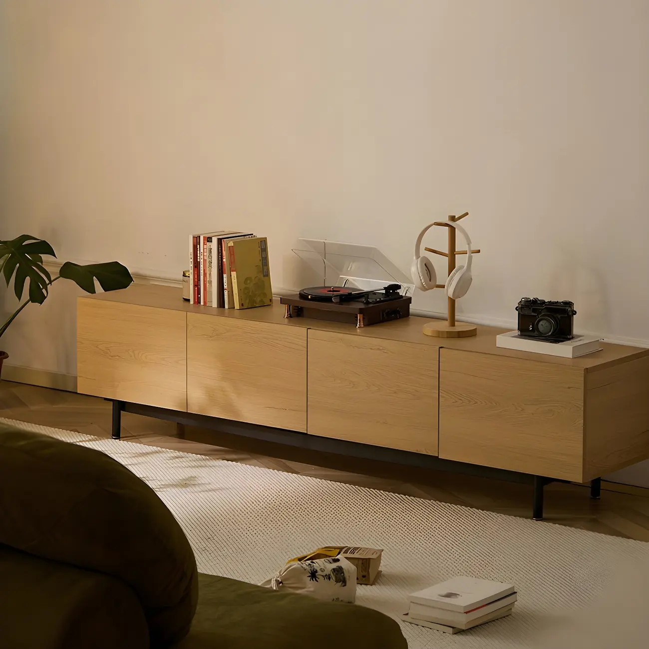 Rustic Wooden TV Stand with Cable Management for Living Room Image - 2 | homeyfad