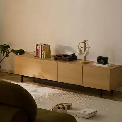 Rustic Wooden TV Stand with Cable Management for Living Room Image - 2