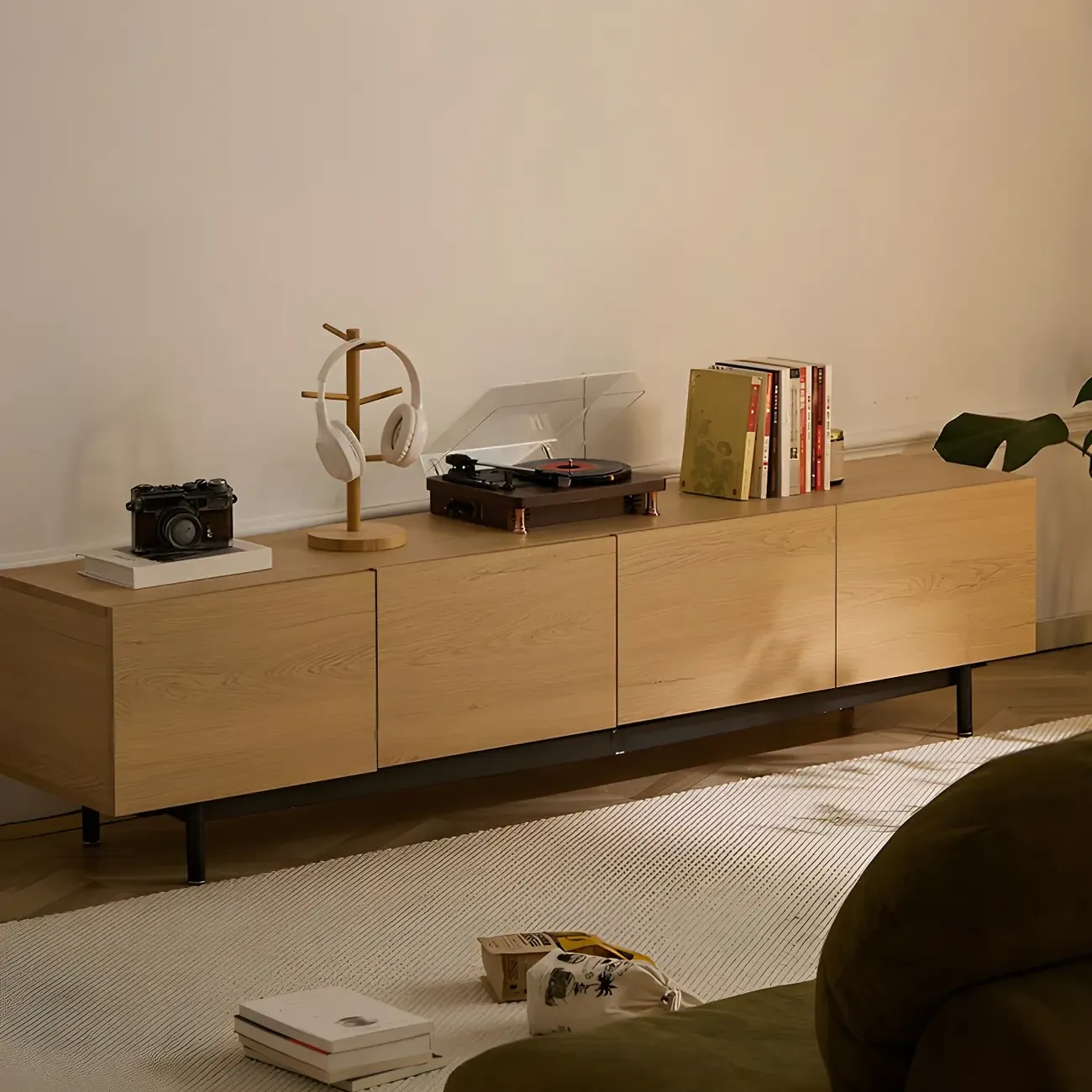 Rustic Wooden TV Stand with Cable Management for Living Room Image - 8