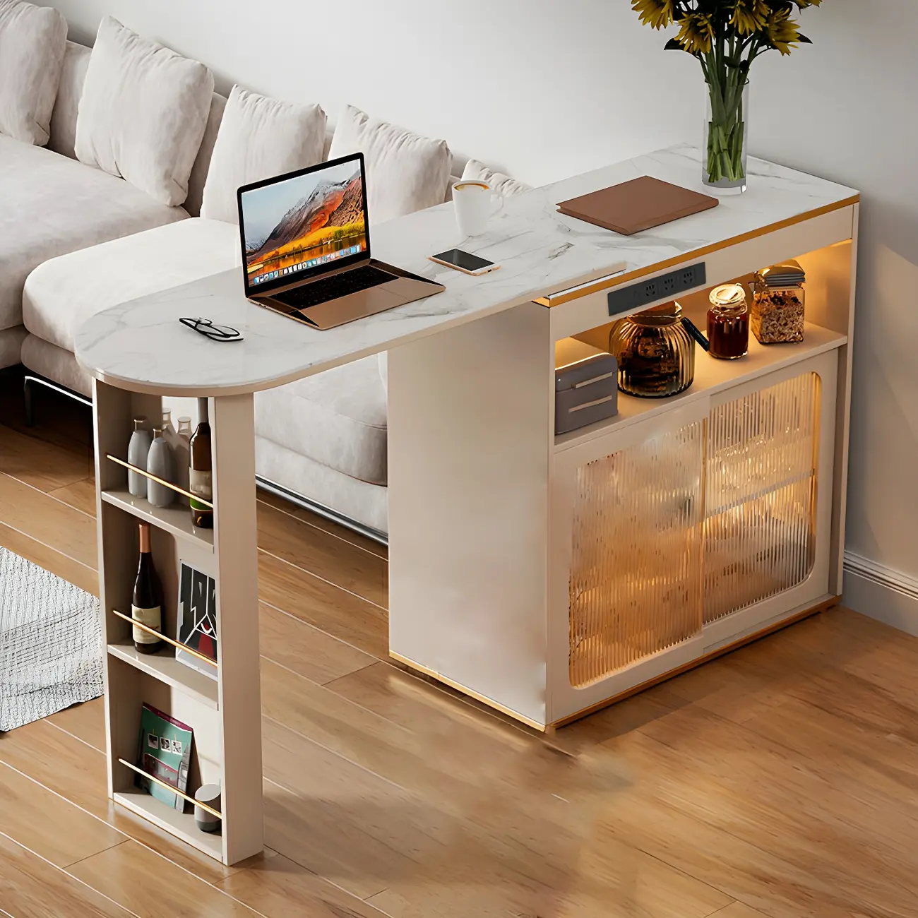 Modern Stone Bar Table with Wood Double Pedestal and Storage Image - 1 | homeyfad